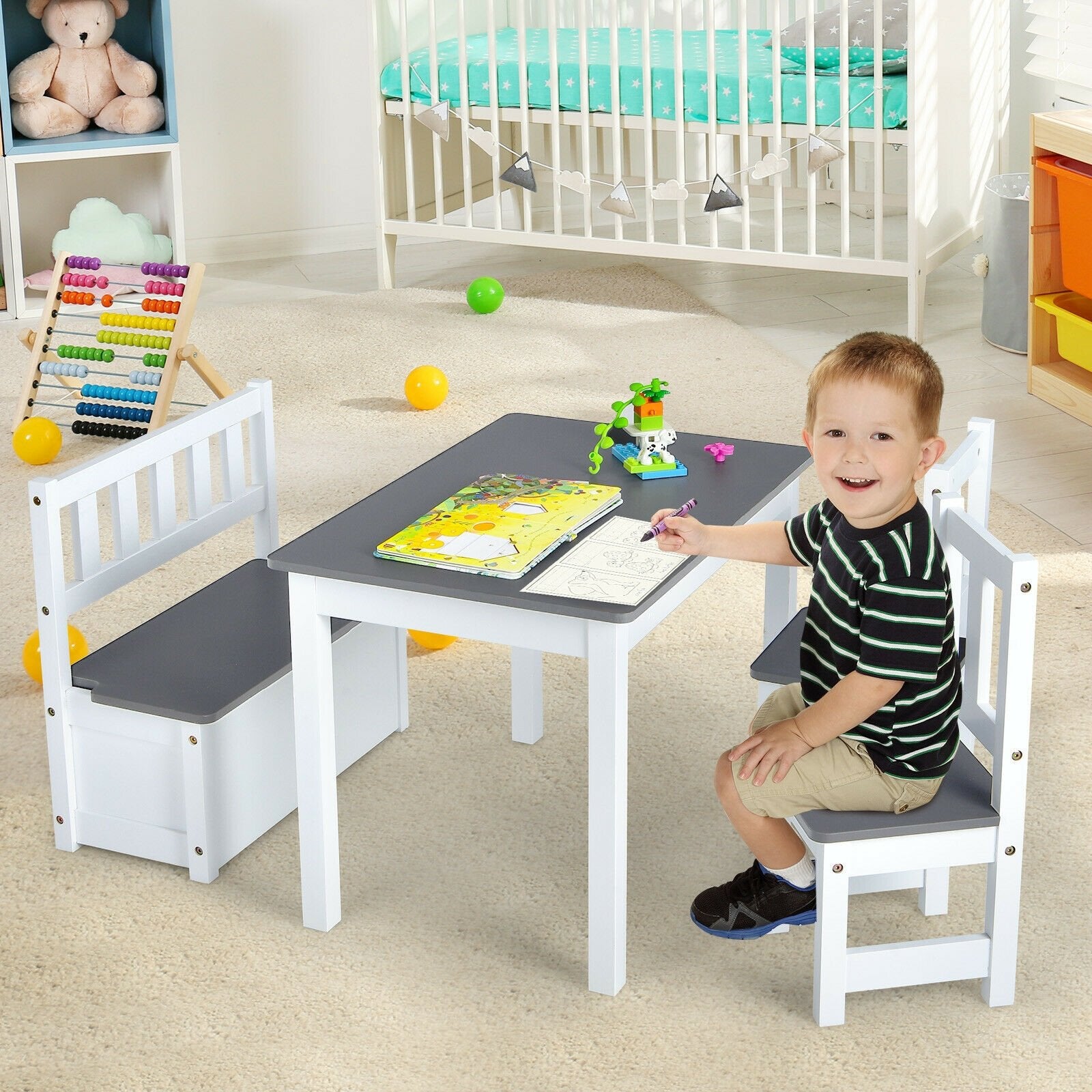 4 Pieces Kids Wooden Activity Table and Chairs Set with Storage Bench and Study Desk, Gray Kids Table & Chair Sets   at Gallery Canada