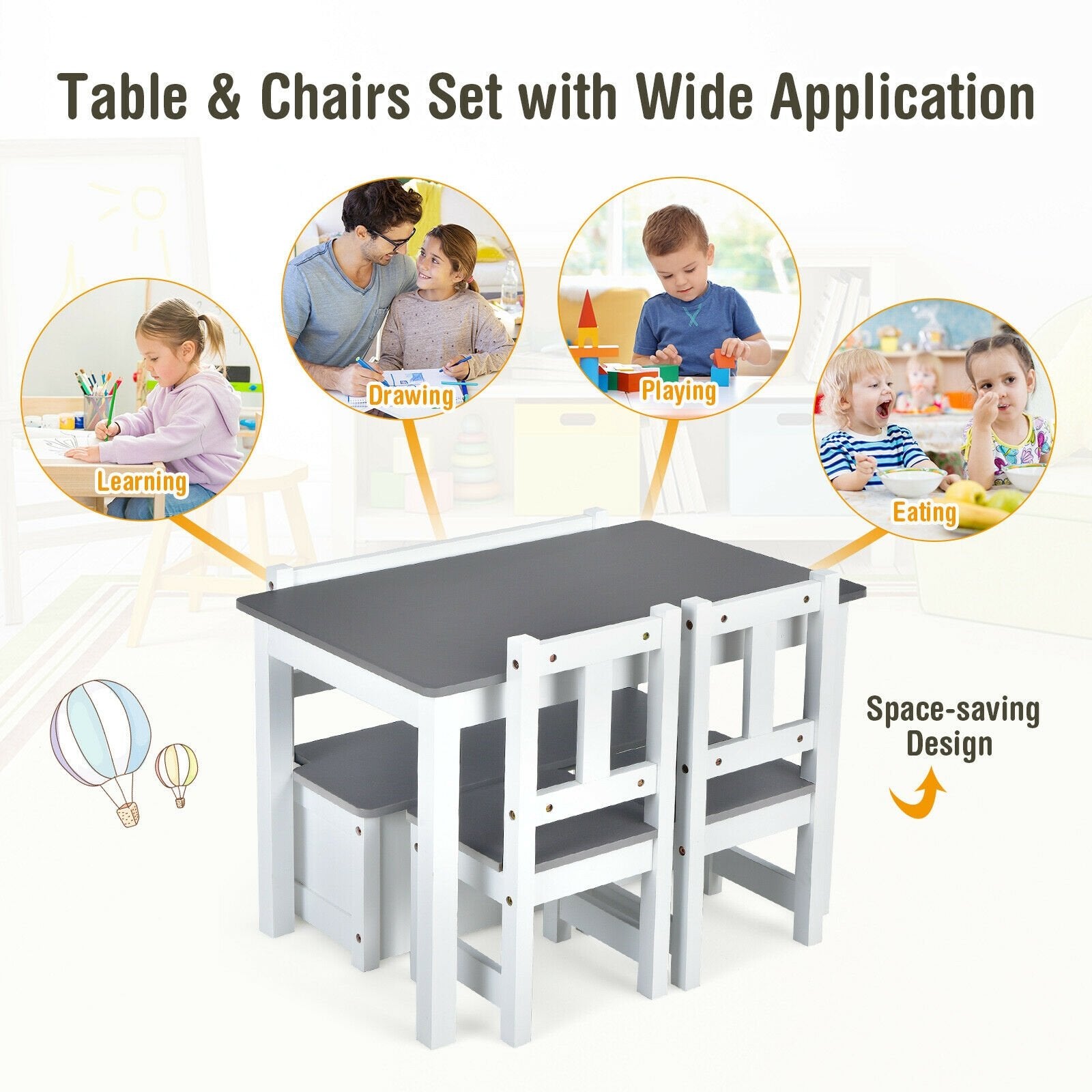 4 Pieces Kids Wooden Activity Table and Chairs Set with Storage Bench and Study Desk, Gray Kids Table & Chair Sets   at Gallery Canada