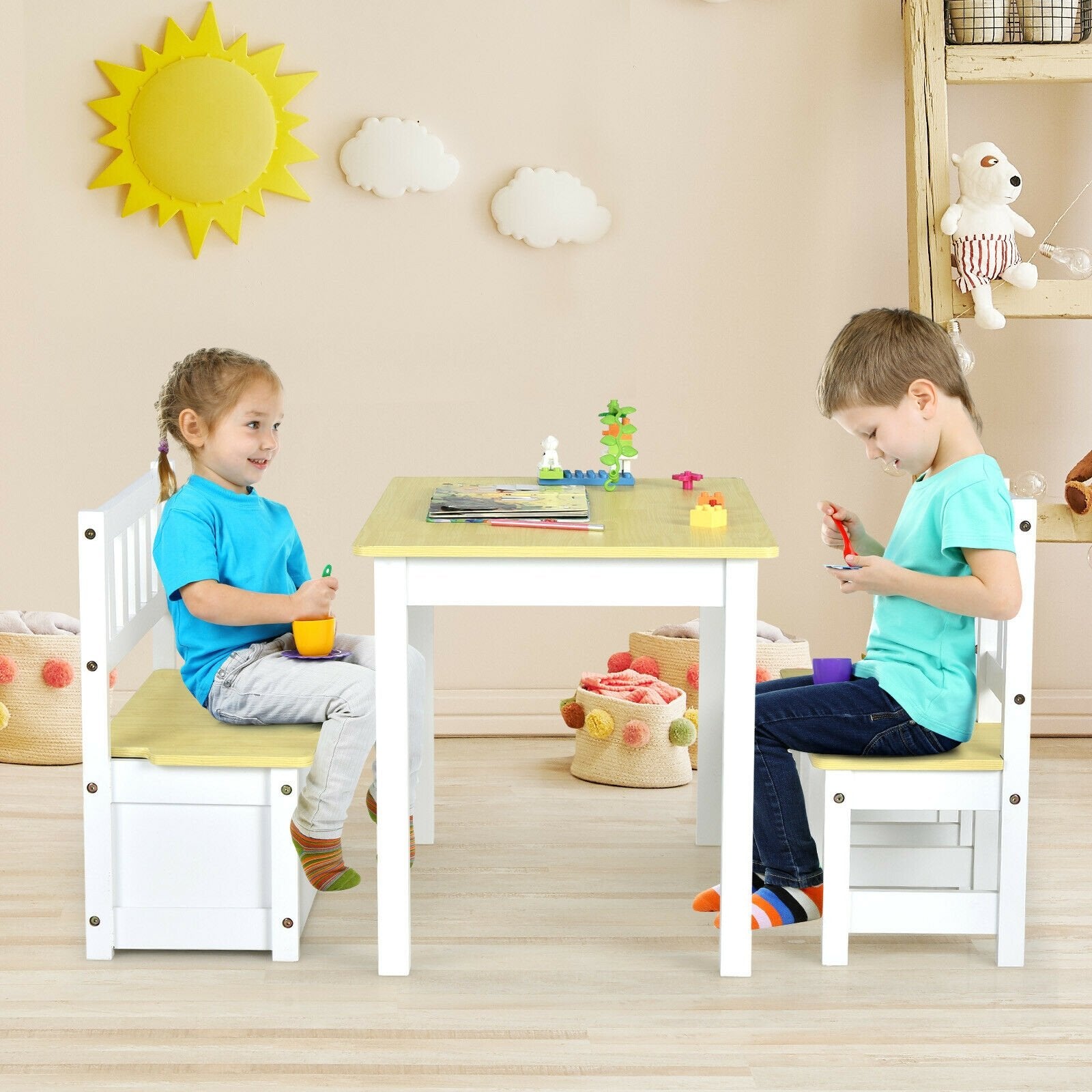 4 Pieces Kids Wooden Activity Table and Chairs Set with Storage Bench and Study Desk, Natural Kids Table & Chair Sets   at Gallery Canada