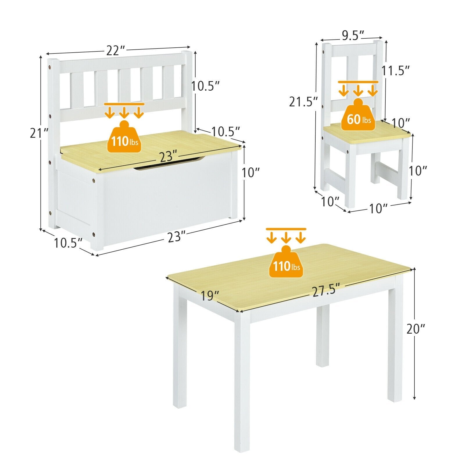 4 Pieces Kids Wooden Activity Table and Chairs Set with Storage Bench and Study Desk, Natural - Gallery Canada