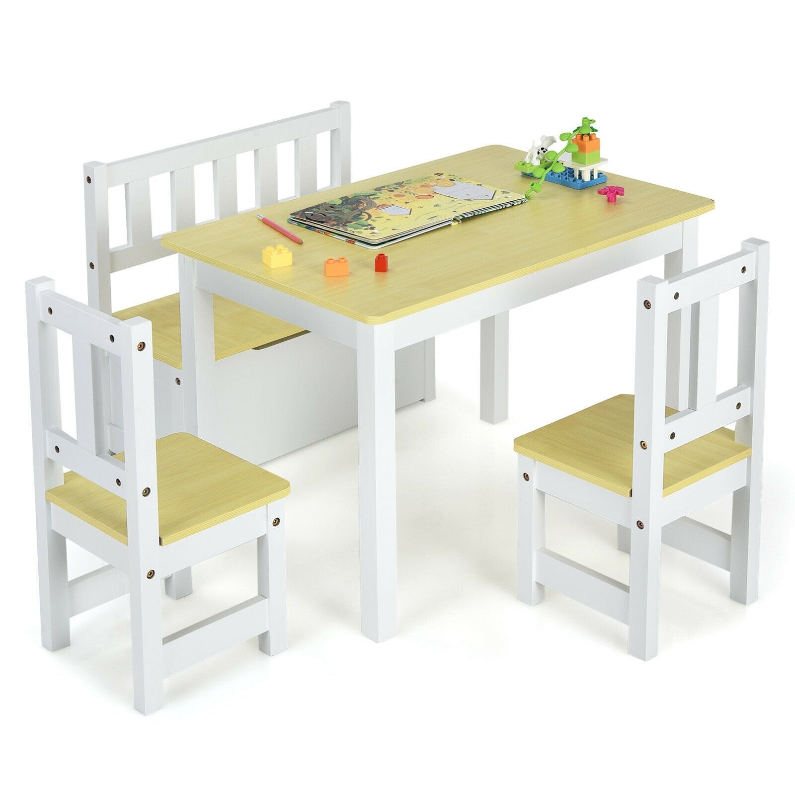 4 Pieces Kids Wooden Activity Table and Chairs Set with Storage Bench and Study Desk, Natural Kids Table & Chair Sets   at Gallery Canada