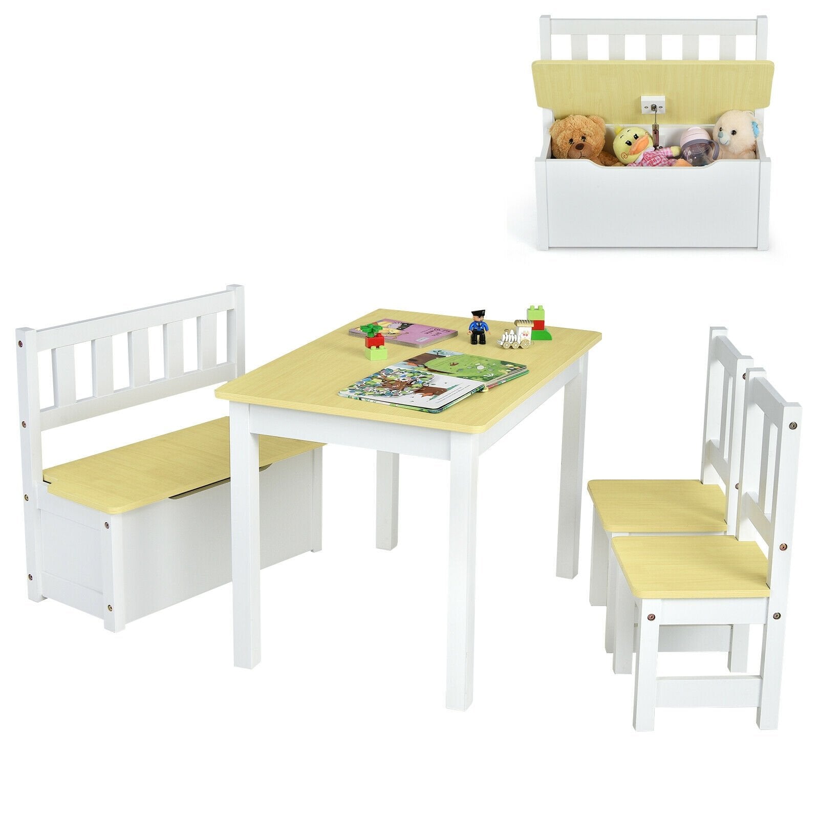 4 Pieces Kids Wooden Activity Table and Chairs Set with Storage Bench and Study Desk, Natural Kids Table & Chair Sets   at Gallery Canada