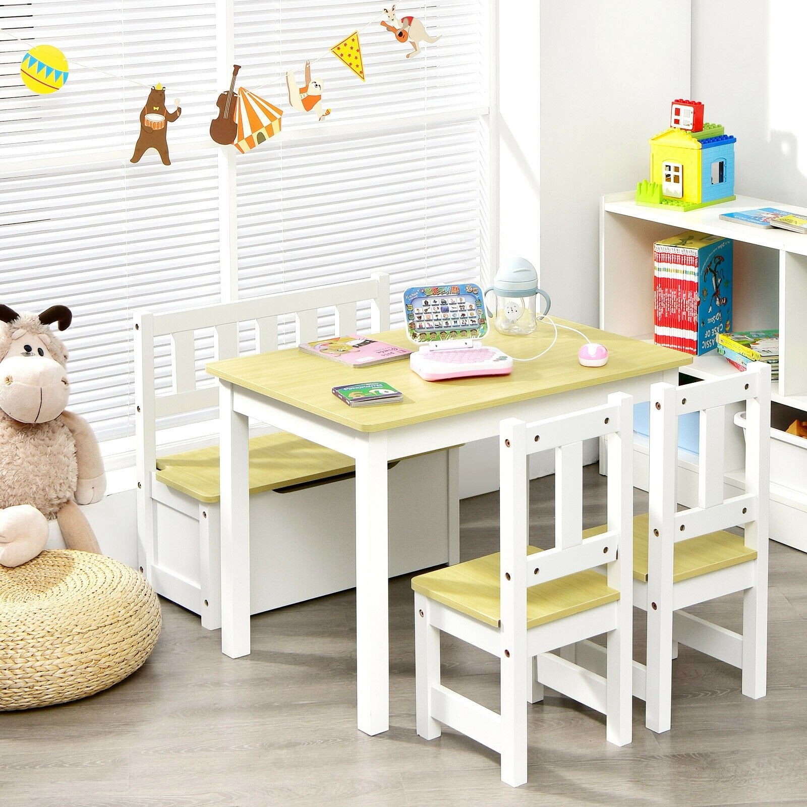 4 Pieces Kids Wooden Activity Table and Chairs Set with Storage Bench and Study Desk, Natural Kids Table & Chair Sets   at Gallery Canada