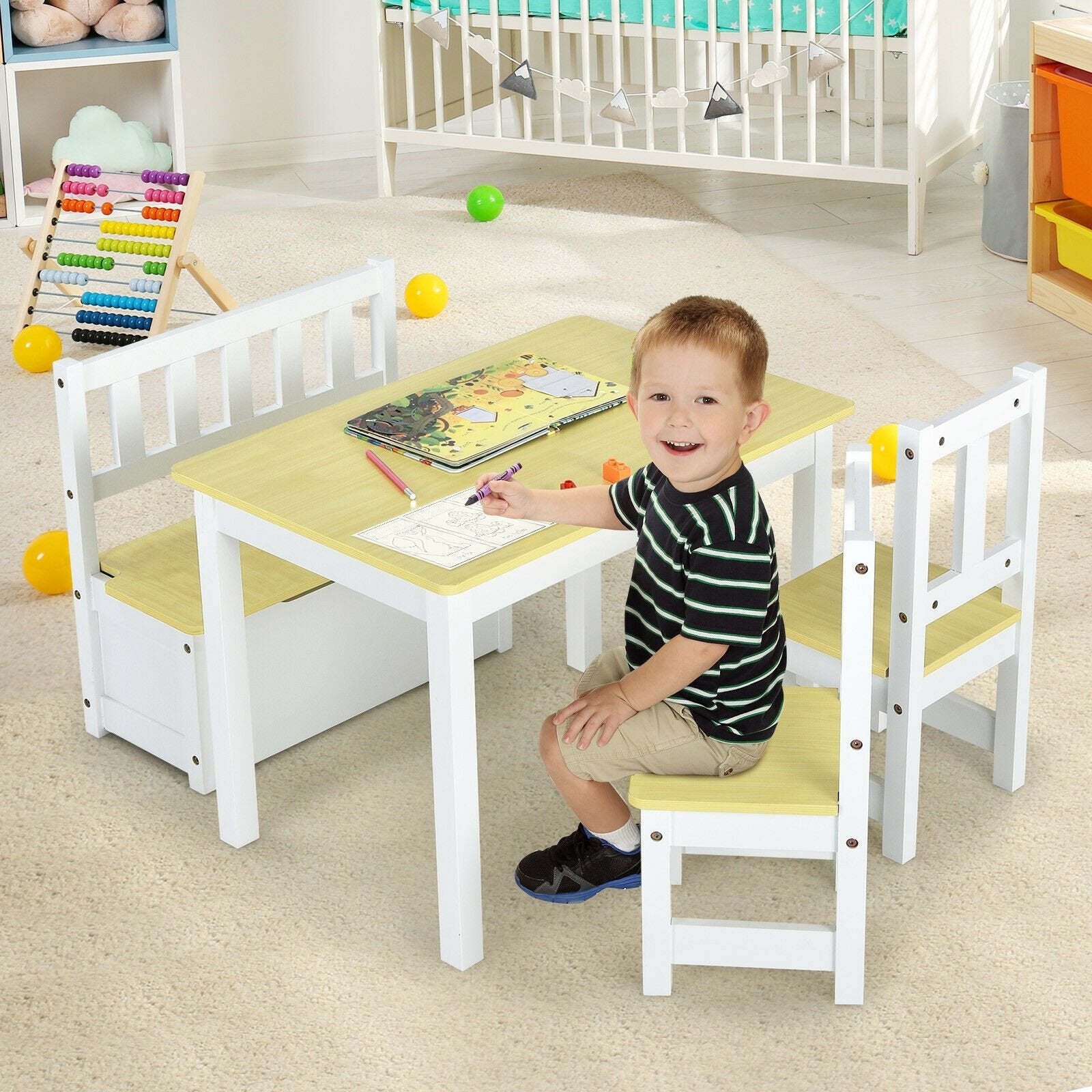 4 Pieces Kids Wooden Activity Table and Chairs Set with Storage Bench and Study Desk, Natural Kids Table & Chair Sets   at Gallery Canada