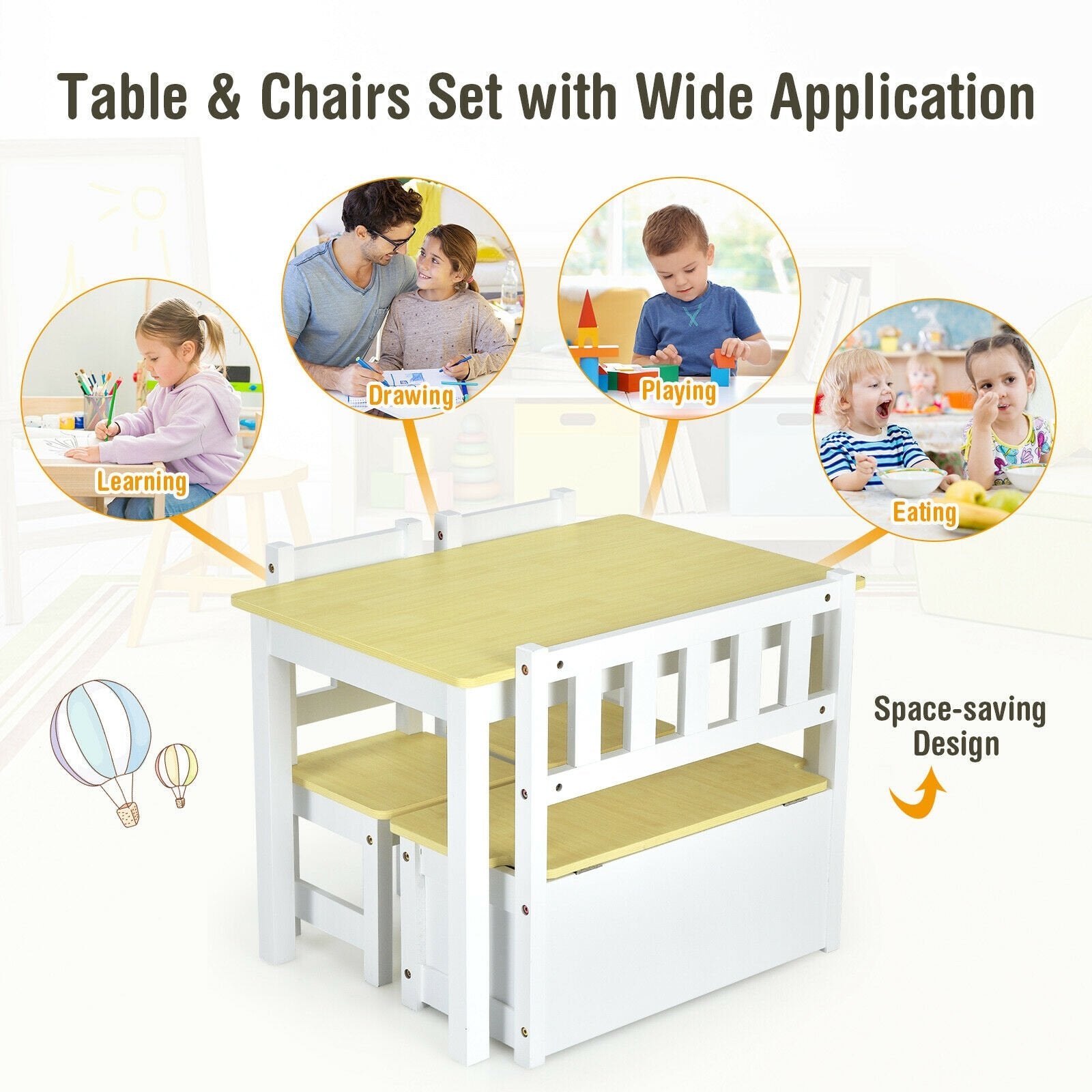 4 Pieces Kids Wooden Activity Table and Chairs Set with Storage Bench and Study Desk, Natural Kids Table & Chair Sets   at Gallery Canada