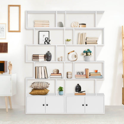 6-Tier S-Shaped Freestanding Bookshelf with Cabinet and Doors, White - Gallery Canada
