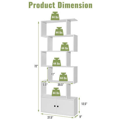 6-Tier S-Shaped Freestanding Bookshelf with Cabinet and Doors, White - Gallery Canada