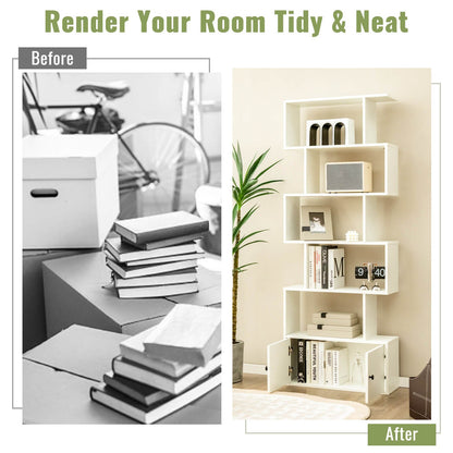 6-Tier S-Shaped Freestanding Bookshelf with Cabinet and Doors, White - Gallery Canada