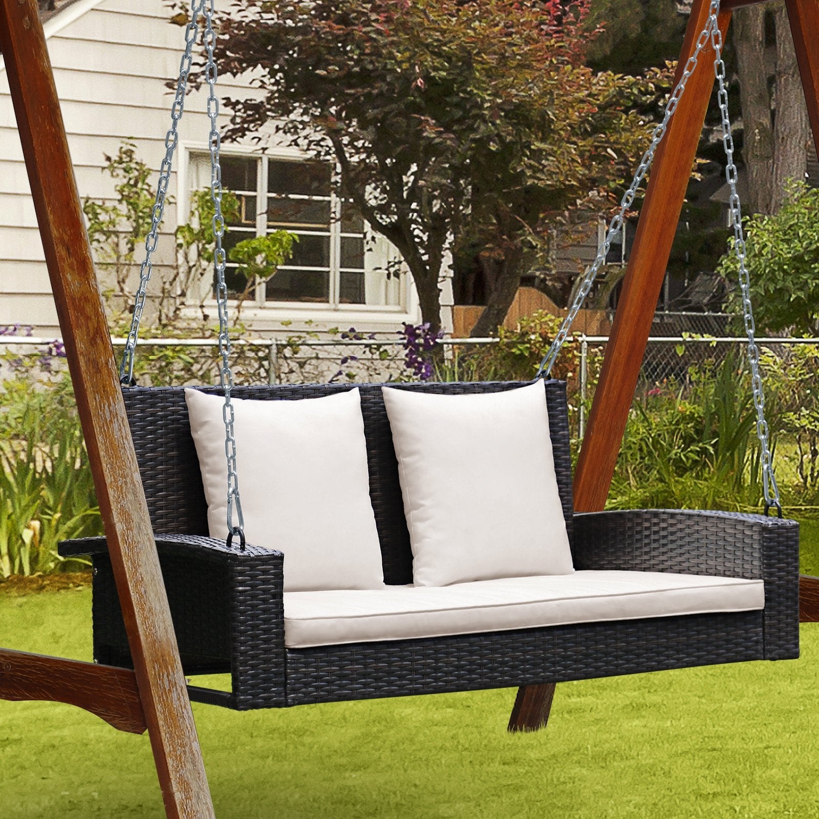 2-Person Patio Rattan Porch Swing with Cushions, White Porch Swings   at Gallery Canada