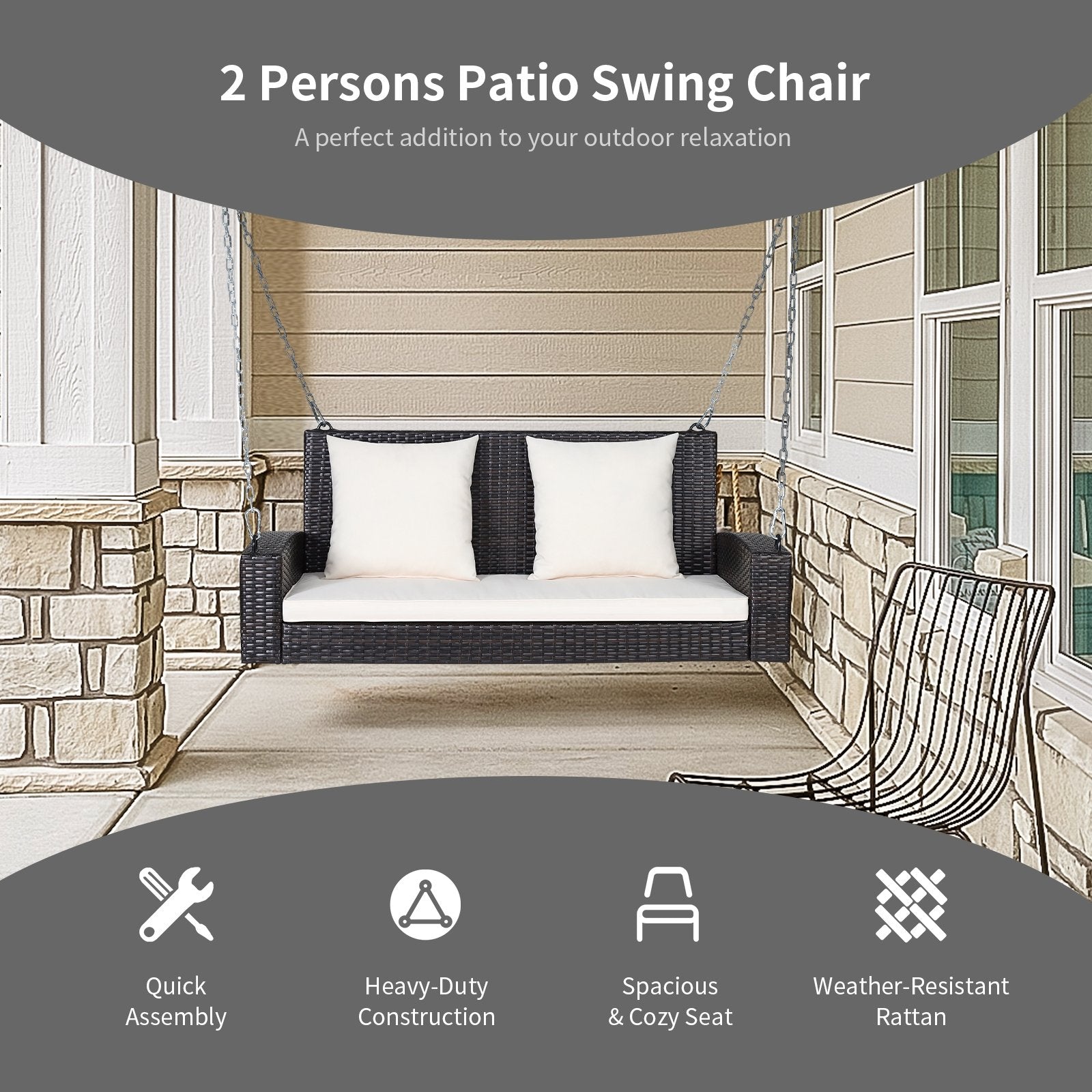2-Person Patio Rattan Porch Swing with Cushions, White - Gallery Canada