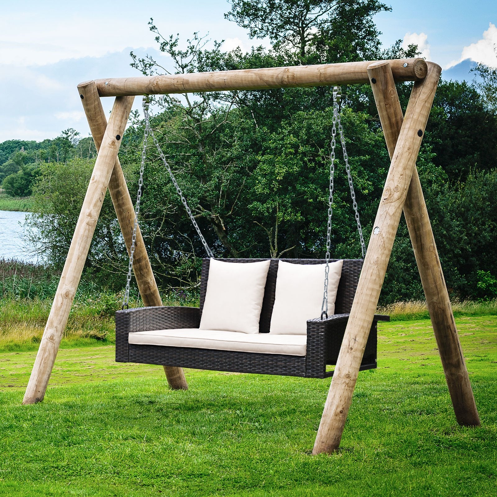 2-Person Patio Rattan Porch Swing with Cushions, White Porch Swings   at Gallery Canada