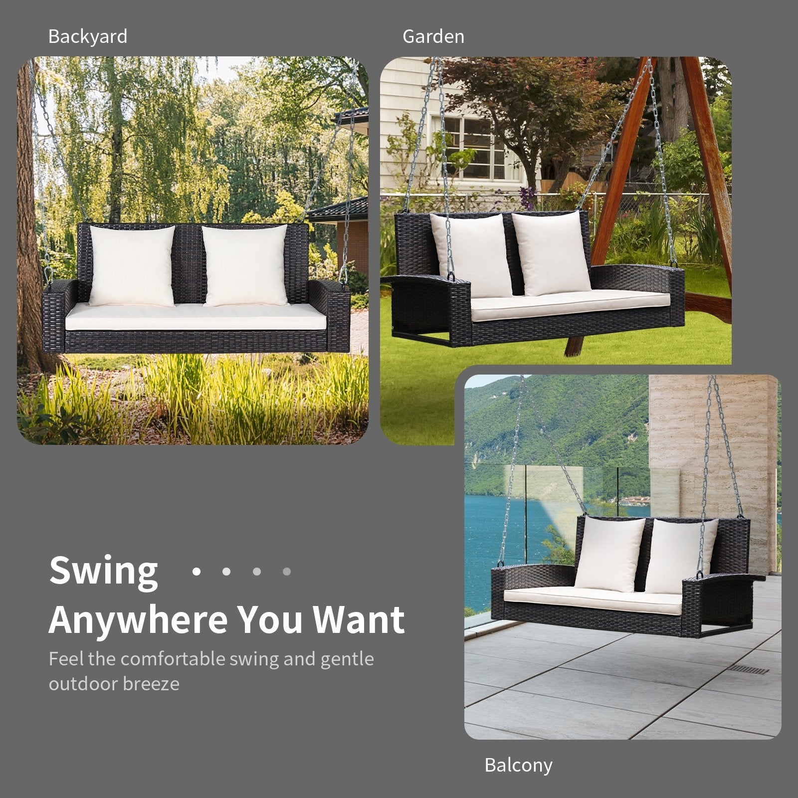 2-Person Patio Rattan Porch Swing with Cushions, White - Gallery Canada