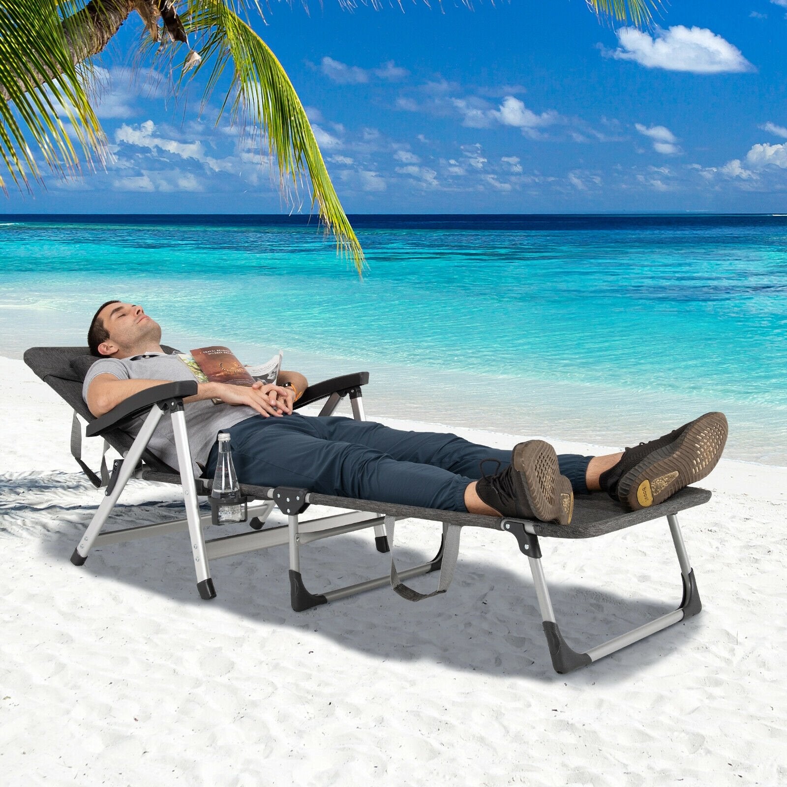 Beach Folding Chaise Lounge Recliner with 7 Adjustable Position, Gray - Gallery Canada
