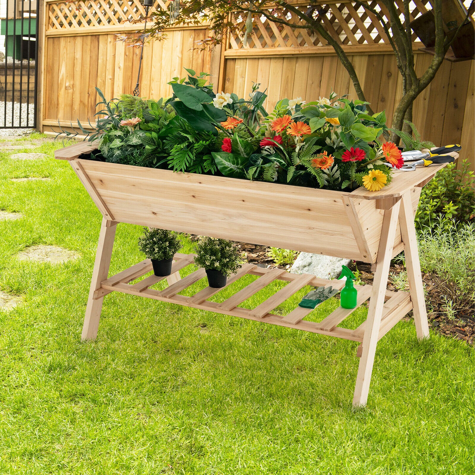 Raised Wood Garden Bed with Shelf and Liner, Natural Raised Garden Beds   at Gallery Canada