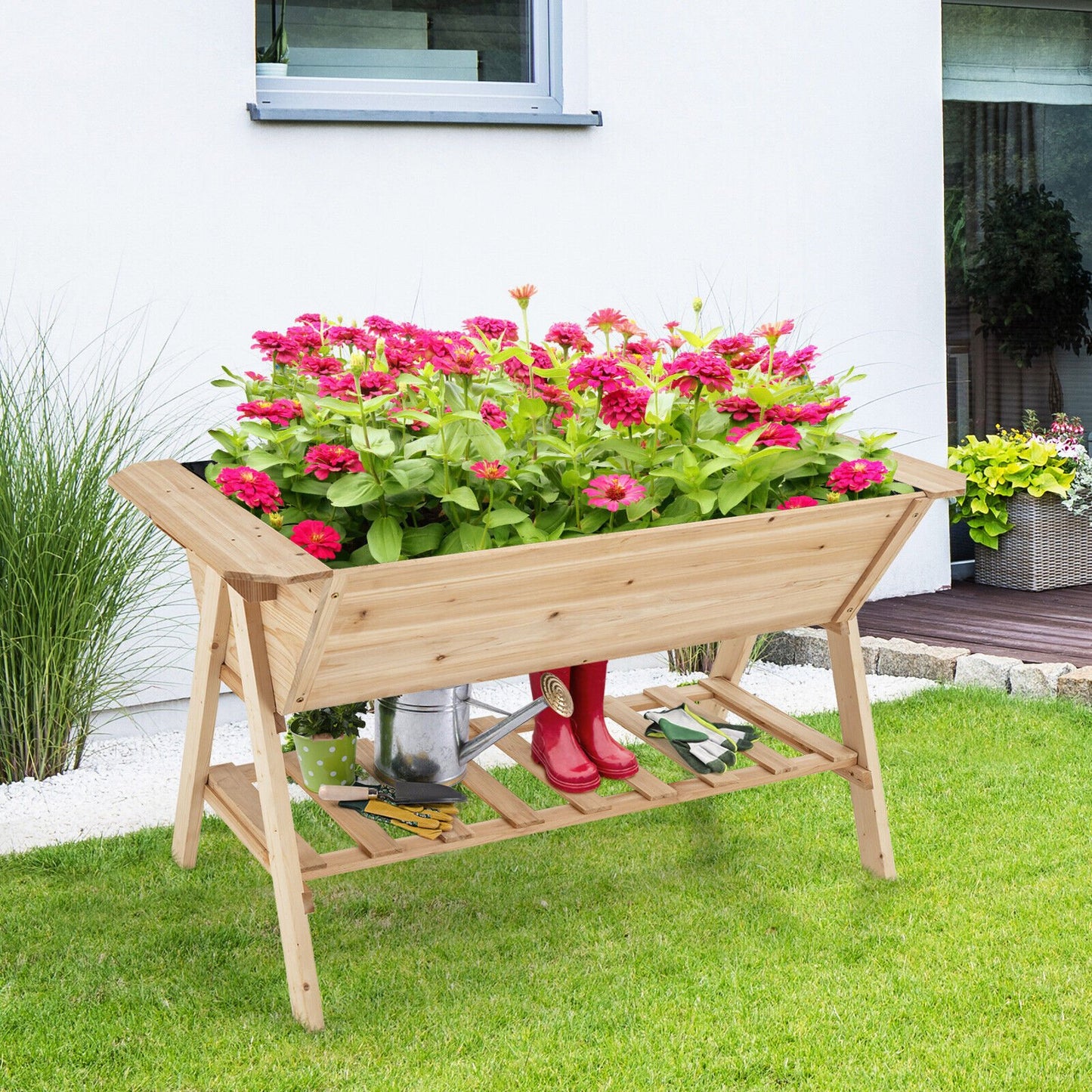 Raised Wood Garden Bed with Shelf and Liner, Natural Raised Garden Beds   at Gallery Canada