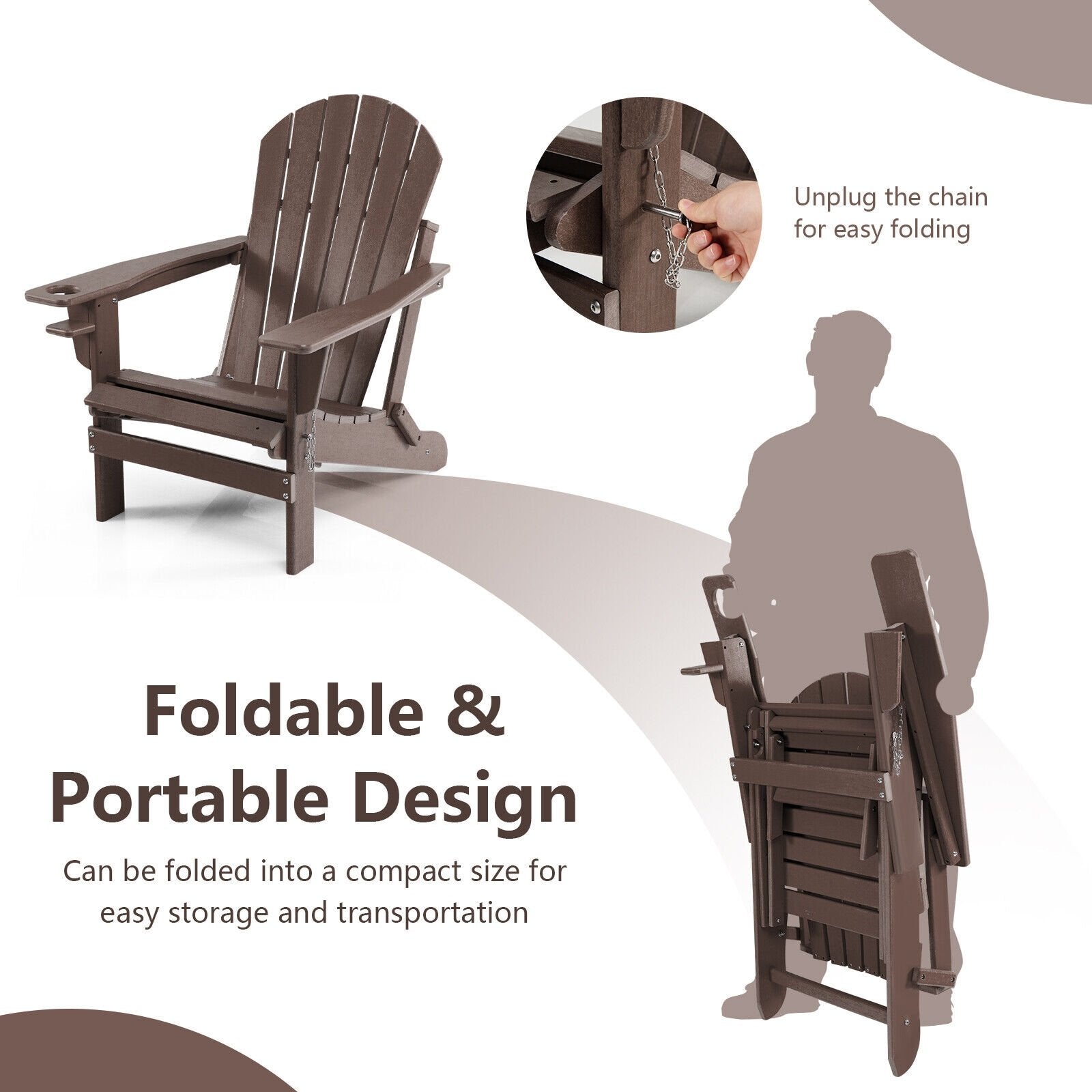 Patio All-Weather Folding Adirondack Chair with Pull-Out Ottoman, Brown - Gallery Canada