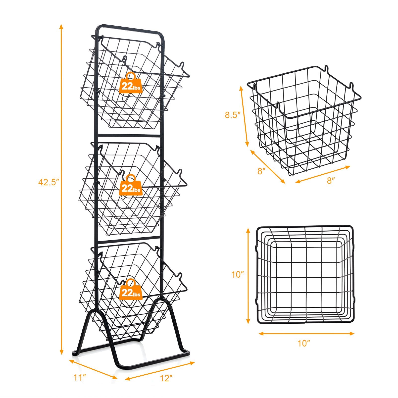 3-Tier Fruit Basket Stand with Adjustable Heights, Black Kitchen Organization   at Gallery Canada