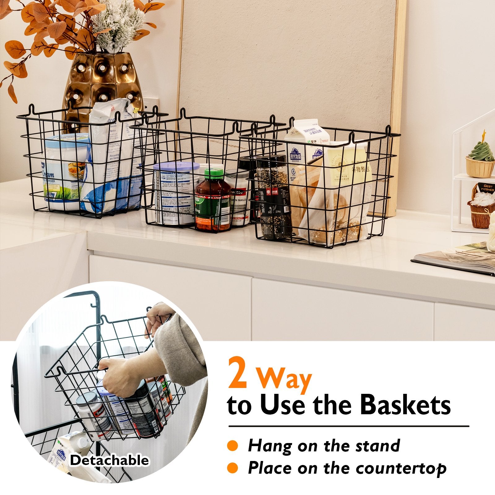 3-Tier Fruit Basket Stand with Adjustable Heights, Black Kitchen Organization   at Gallery Canada