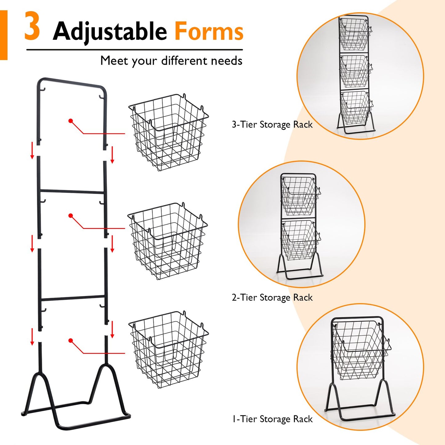 3-Tier Fruit Basket Stand with Adjustable Heights, Black Kitchen Organization   at Gallery Canada