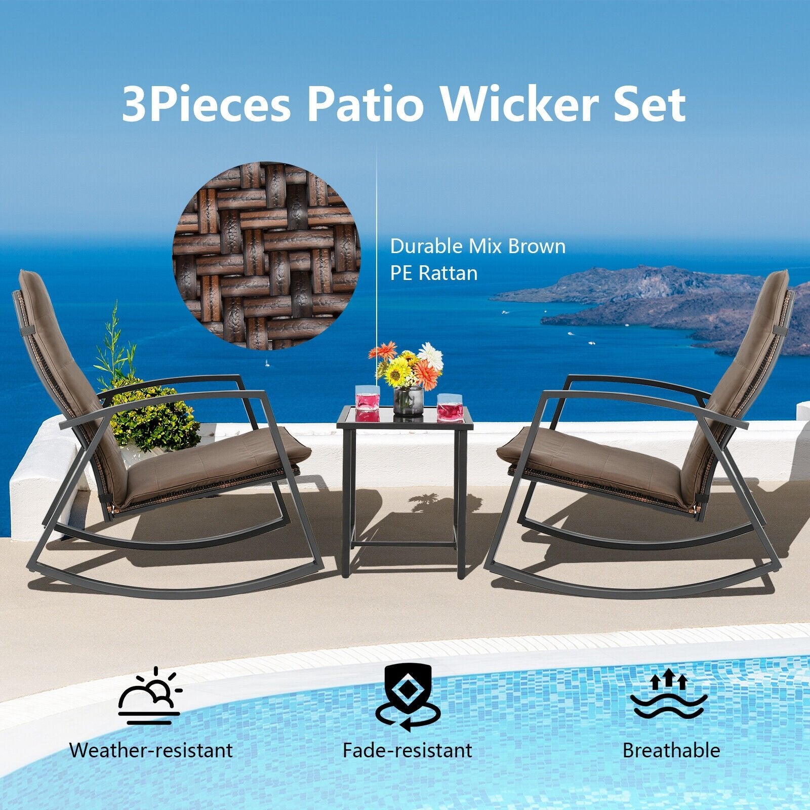 3 Pieces Patio Rattan Rocking Furniture Set, Brown Patio Conversation Sets   at Gallery Canada