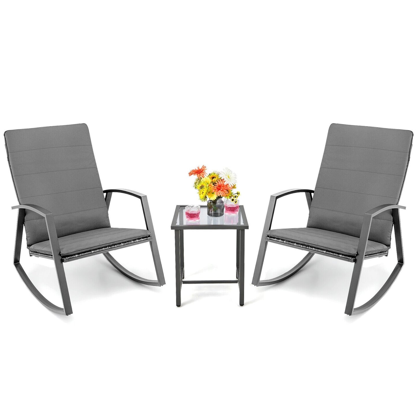 3 Pieces Patio Rattan Rocking Furniture Set, Gray Patio Conversation Sets   at Gallery Canada