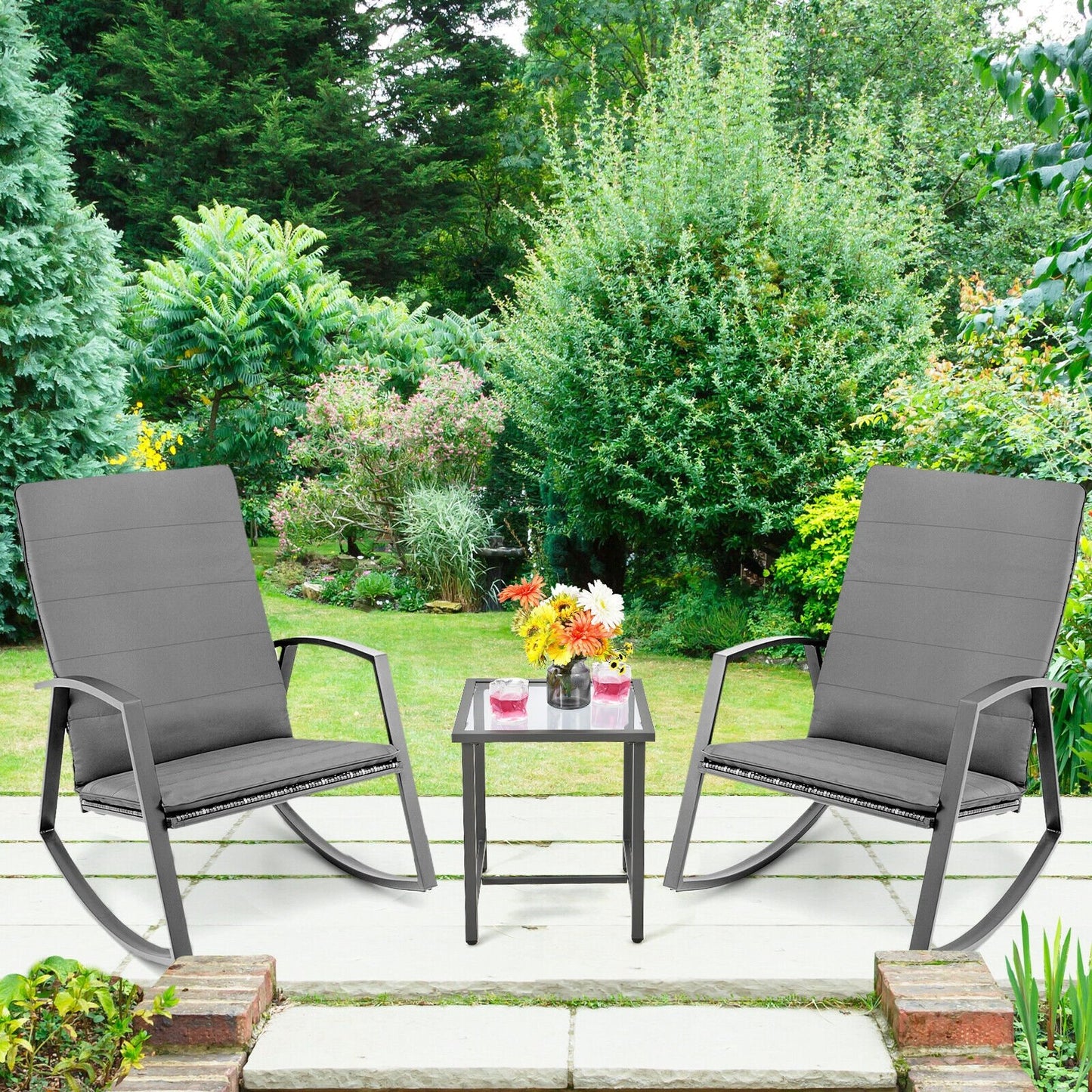 3 Pieces Patio Rattan Rocking Furniture Set, Gray Patio Conversation Sets   at Gallery Canada