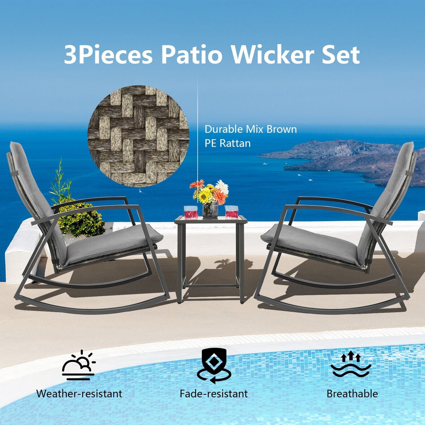 3 Pieces Patio Rattan Rocking Furniture Set, Gray Patio Conversation Sets   at Gallery Canada