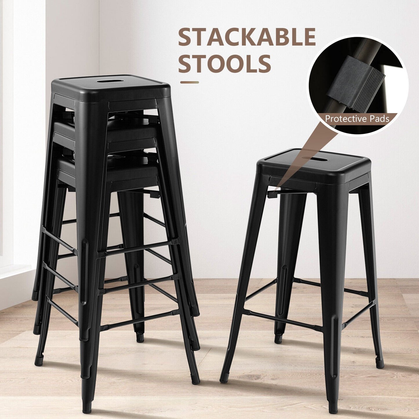 30 Inch Bar Stools Set of 4 with Square Seat and Handling Hole, Black Bar Stools   at Gallery Canada