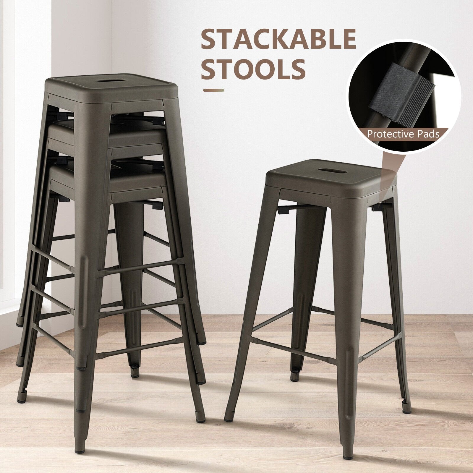 30 Inch Bar Stools Set of 4 with Square Seat and Handling Hole, Gun Bar Stools   at Gallery Canada