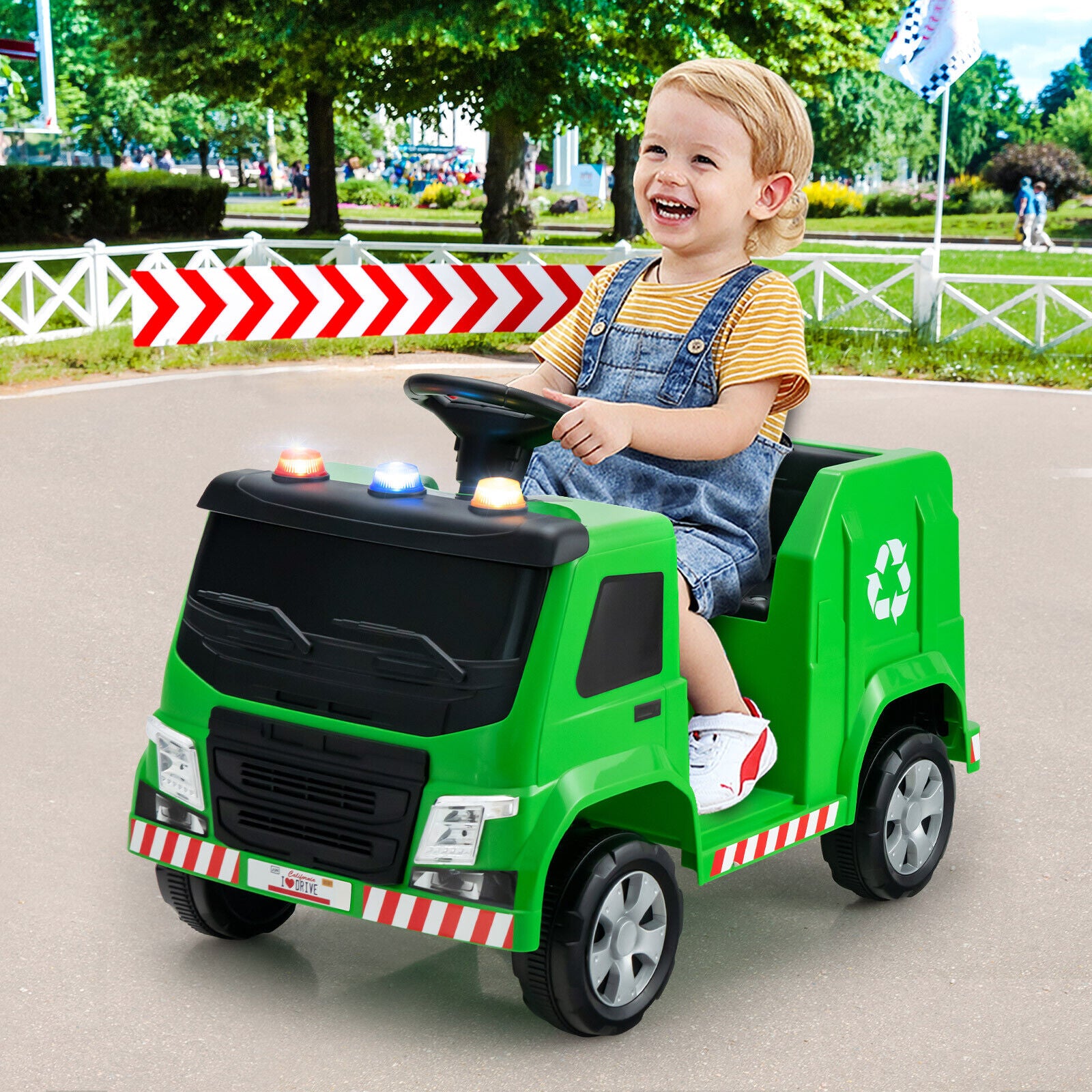 12V Kids Ride-on Garbage Truck with Warning Lights and 6 Recycling Accessories, Green Powered Ride On Toys at Gallery Canada