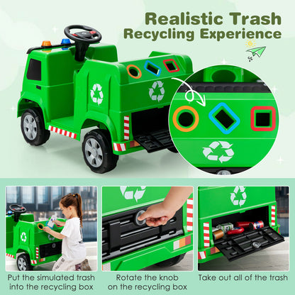 12V Kids Ride-on Garbage Truck with Warning Lights and 6 Recycling Accessories, Green Powered Ride On Toys at Gallery Canada