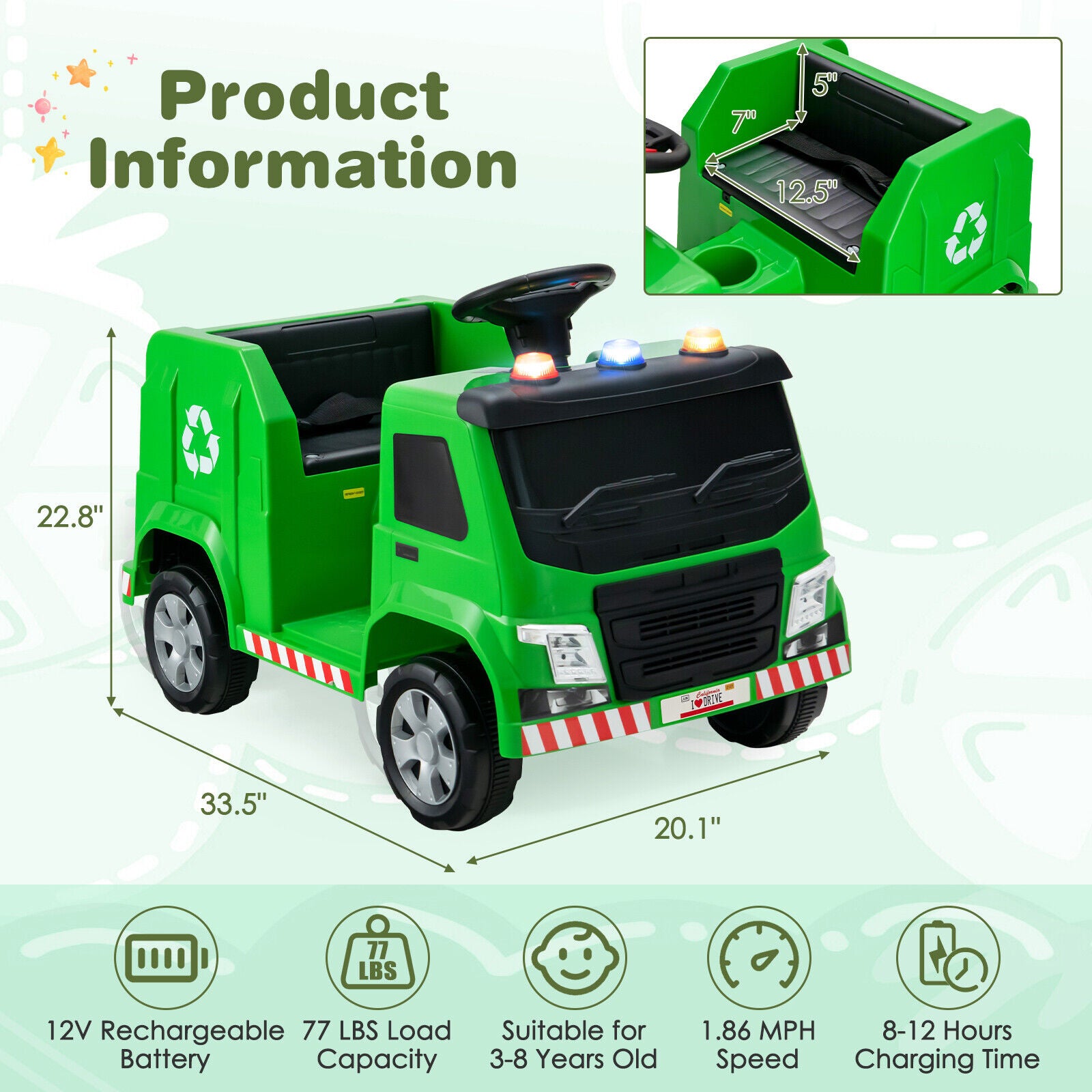 12V Kids Ride-on Garbage Truck with Warning Lights and 6 Recycling Accessories, Green Powered Ride On Toys at Gallery Canada