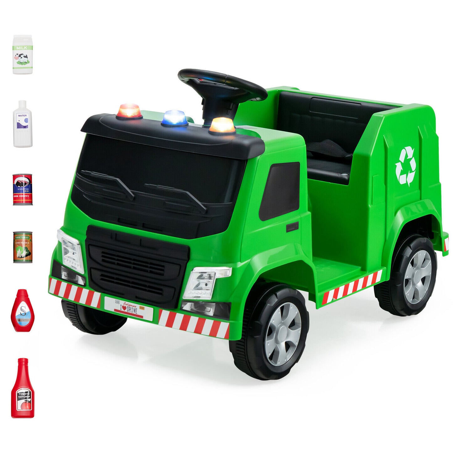 12V Kids Ride-on Garbage Truck with Warning Lights and 6 Recycling Accessories, Green Powered Ride On Toys at Gallery Canada