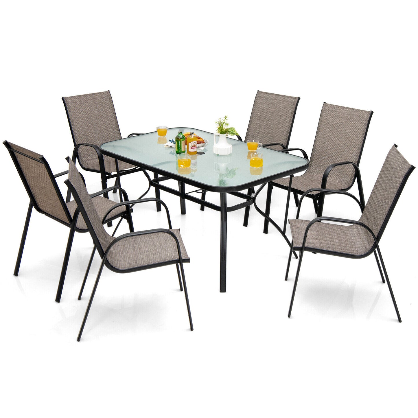 7-Piece Patio Dining Set with 6 Stackable Chairs, Brown Patio Dining Sets   at Gallery Canada