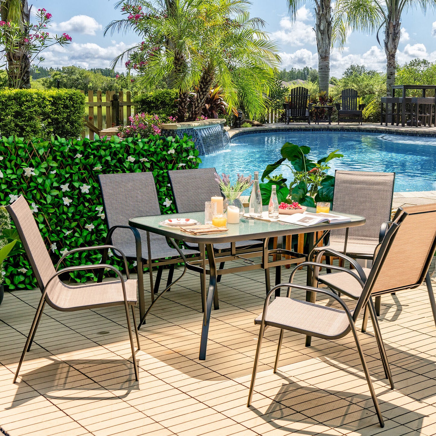 7-Piece Patio Dining Set with 6 Stackable Chairs, Brown Patio Dining Sets   at Gallery Canada