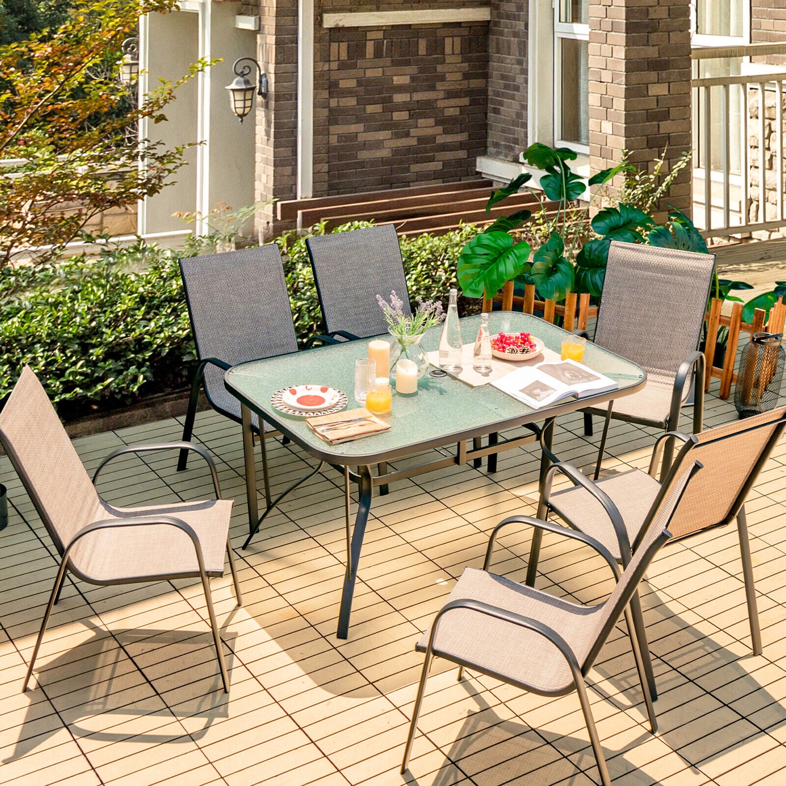 7-Piece Patio Dining Set with 6 Stackable Chairs, Brown Patio Dining Sets   at Gallery Canada