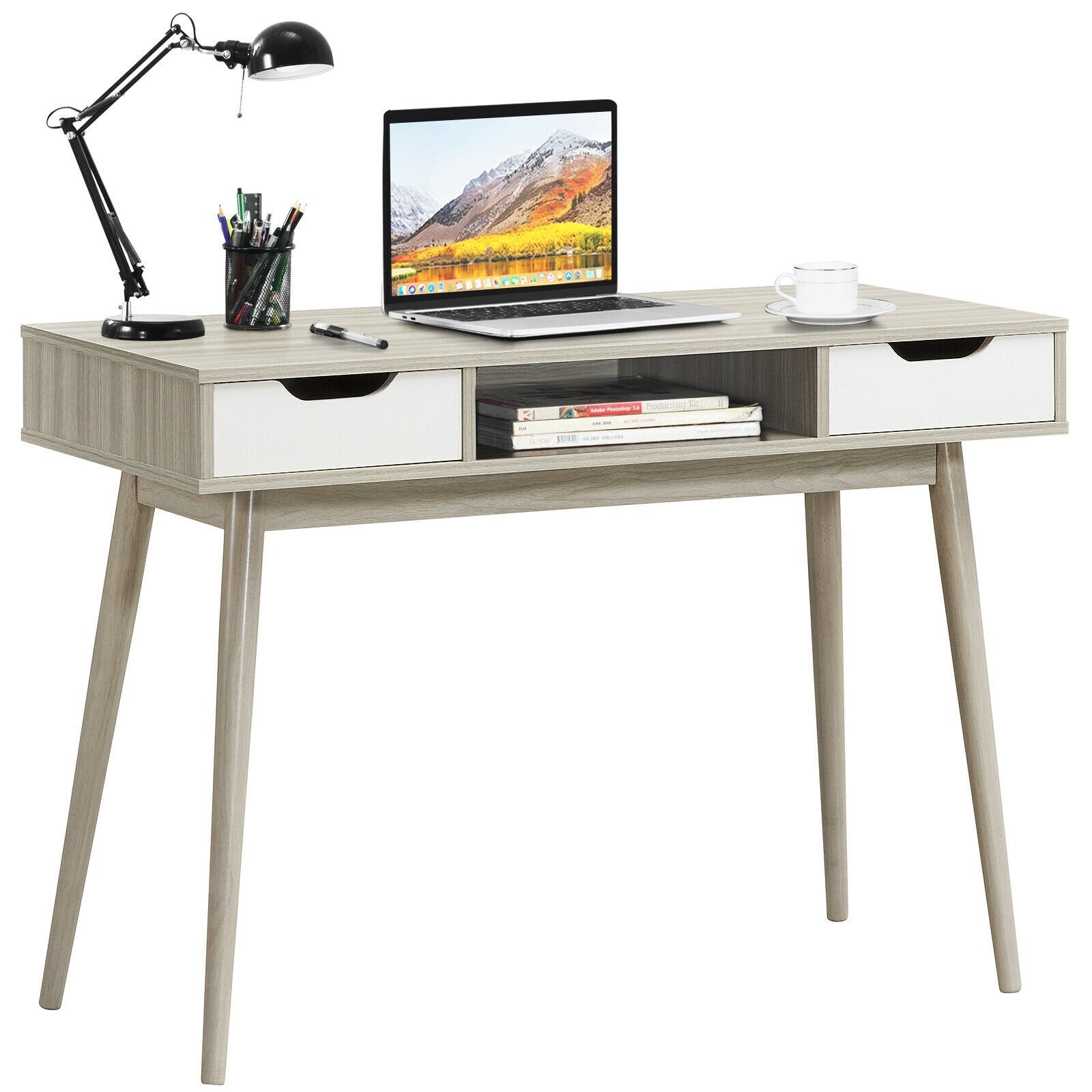 Stylish Computer Desk Workstation with 2 Drawers and Solid Wood Legs, Oak - Gallery Canada