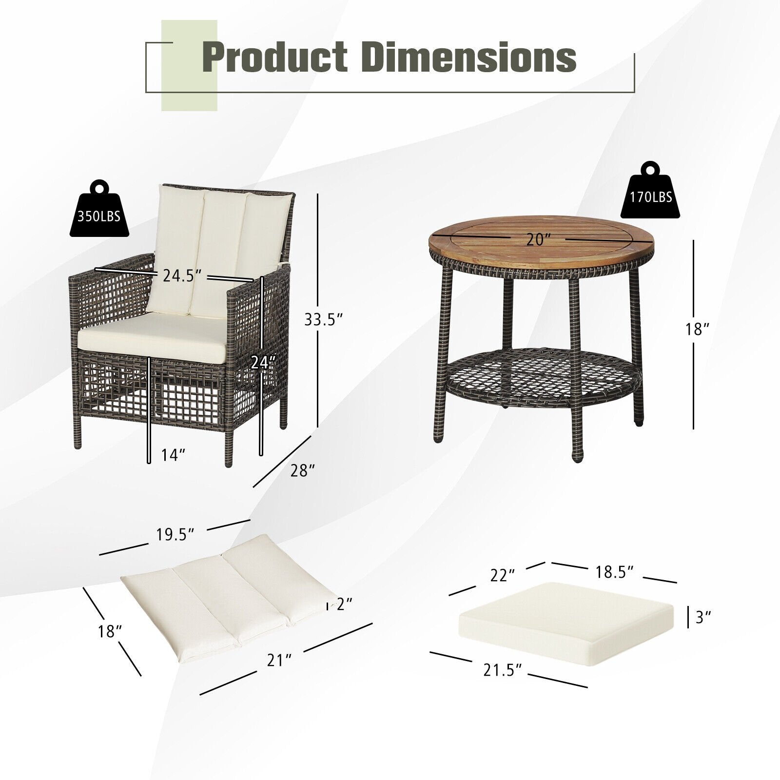 3 Pieces Patio Rattan Furniture Set with Cushioned Sofas and Wood Table Top, White Patio Conversation Sets   at Gallery Canada