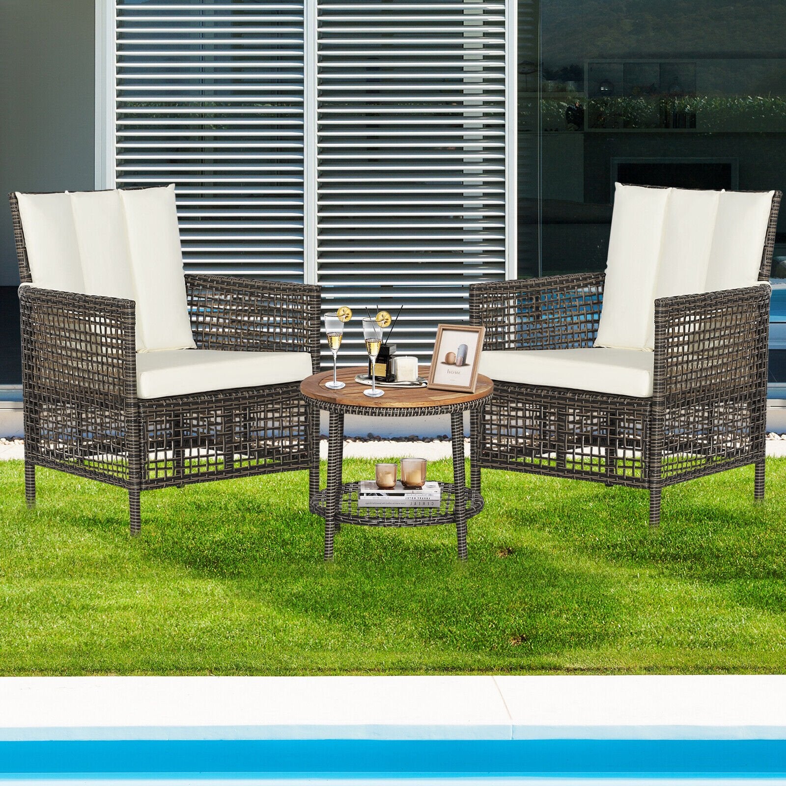 3 Pieces Patio Rattan Furniture Set with Cushioned Sofas and Wood Table Top, White Patio Conversation Sets   at Gallery Canada