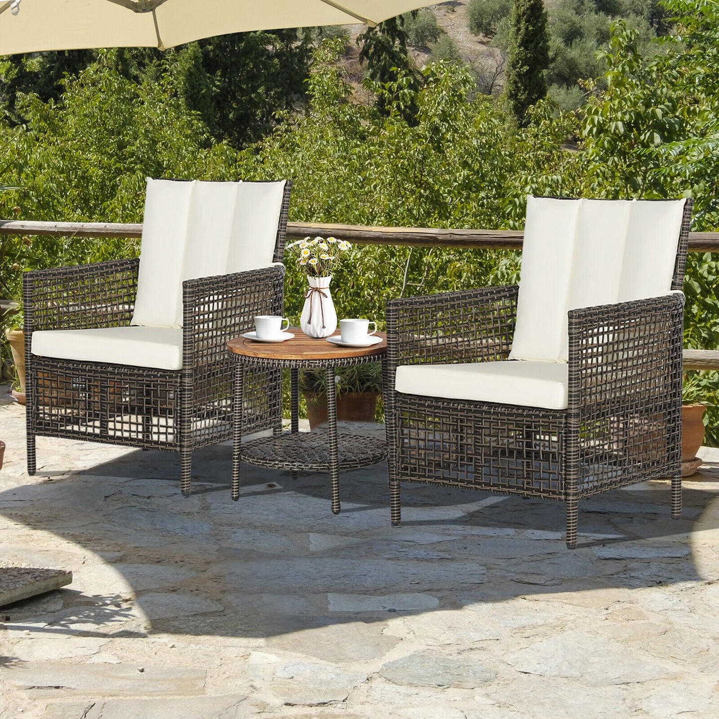 3 Pieces Patio Rattan Furniture Set with Cushioned Sofas and Wood Table Top, White Patio Conversation Sets   at Gallery Canada