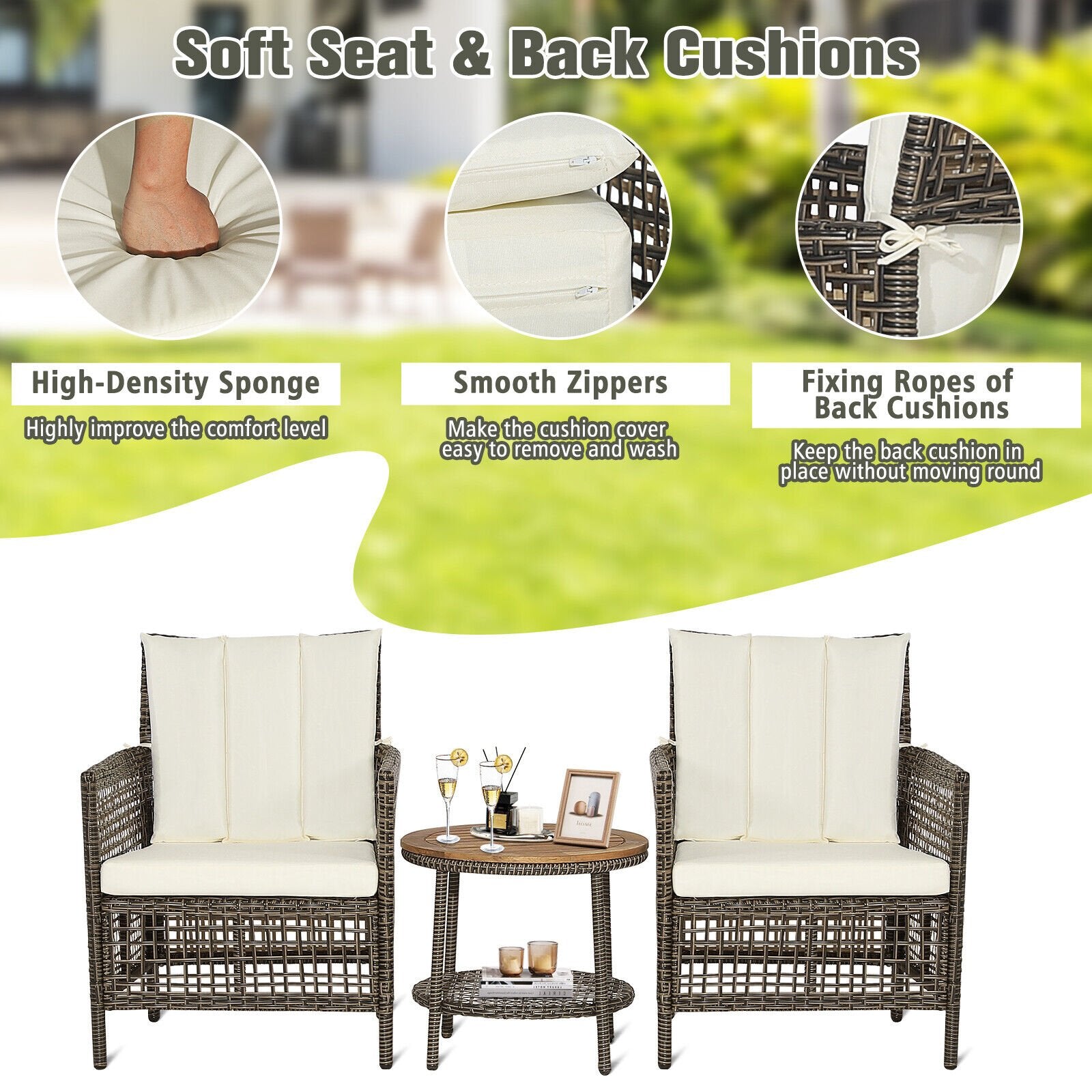 3 Pieces Patio Rattan Furniture Set with Cushioned Sofas and Wood Table Top, White Patio Conversation Sets   at Gallery Canada