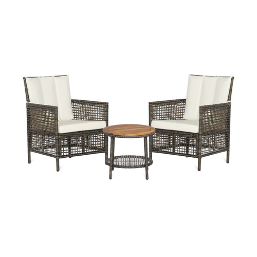 3 Pieces Patio Rattan Furniture Set with Cushioned Sofas and Wood Table Top, White