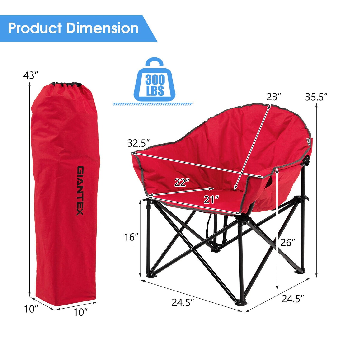 Folding Camping Moon Padded Chair with Carrying Bag, Red - Gallery Canada