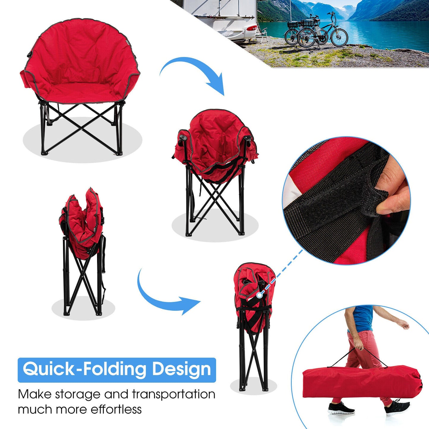 Folding Camping Moon Padded Chair with Carrying Bag, Red - Gallery Canada