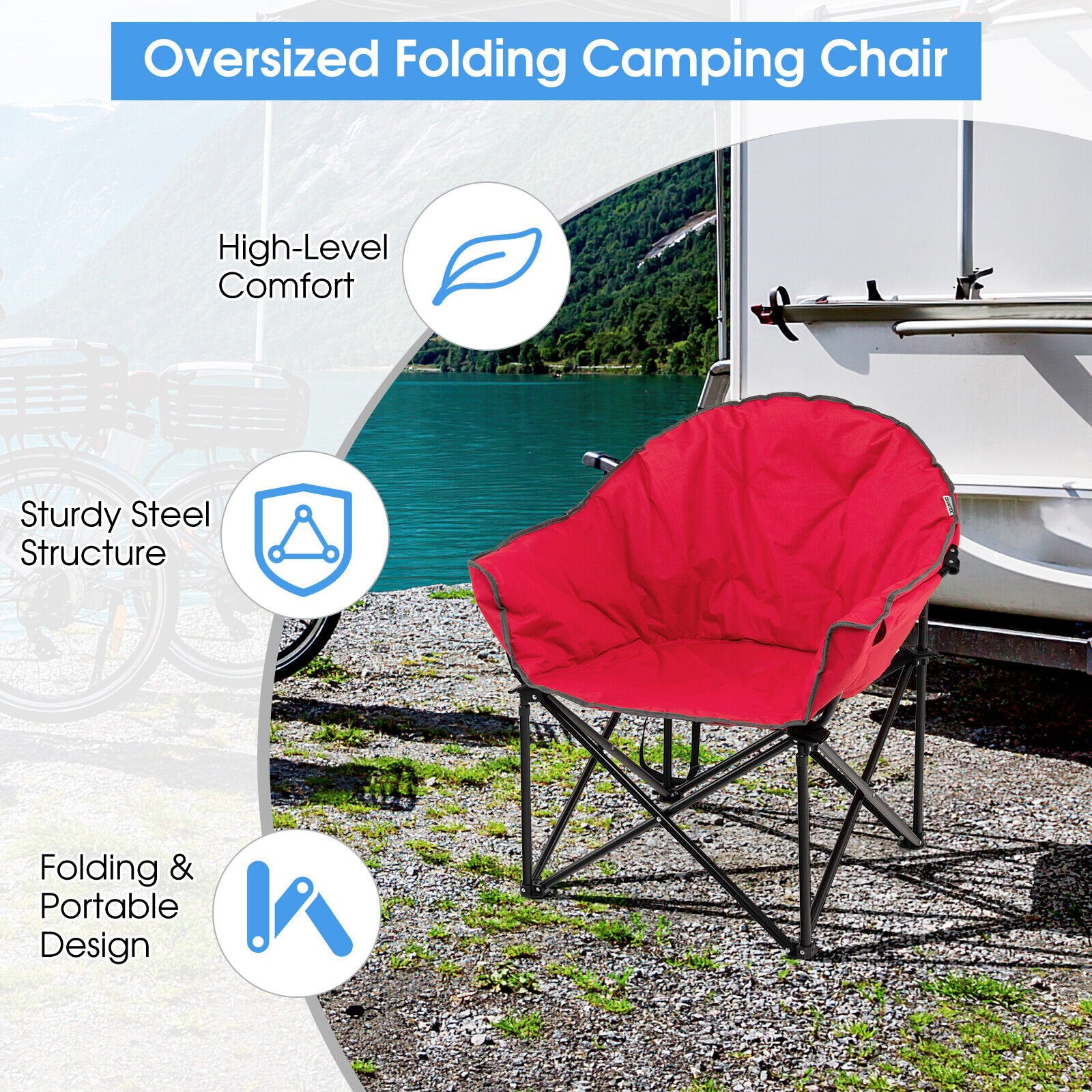 Folding Camping Moon Padded Chair with Carrying Bag, Red - Gallery Canada