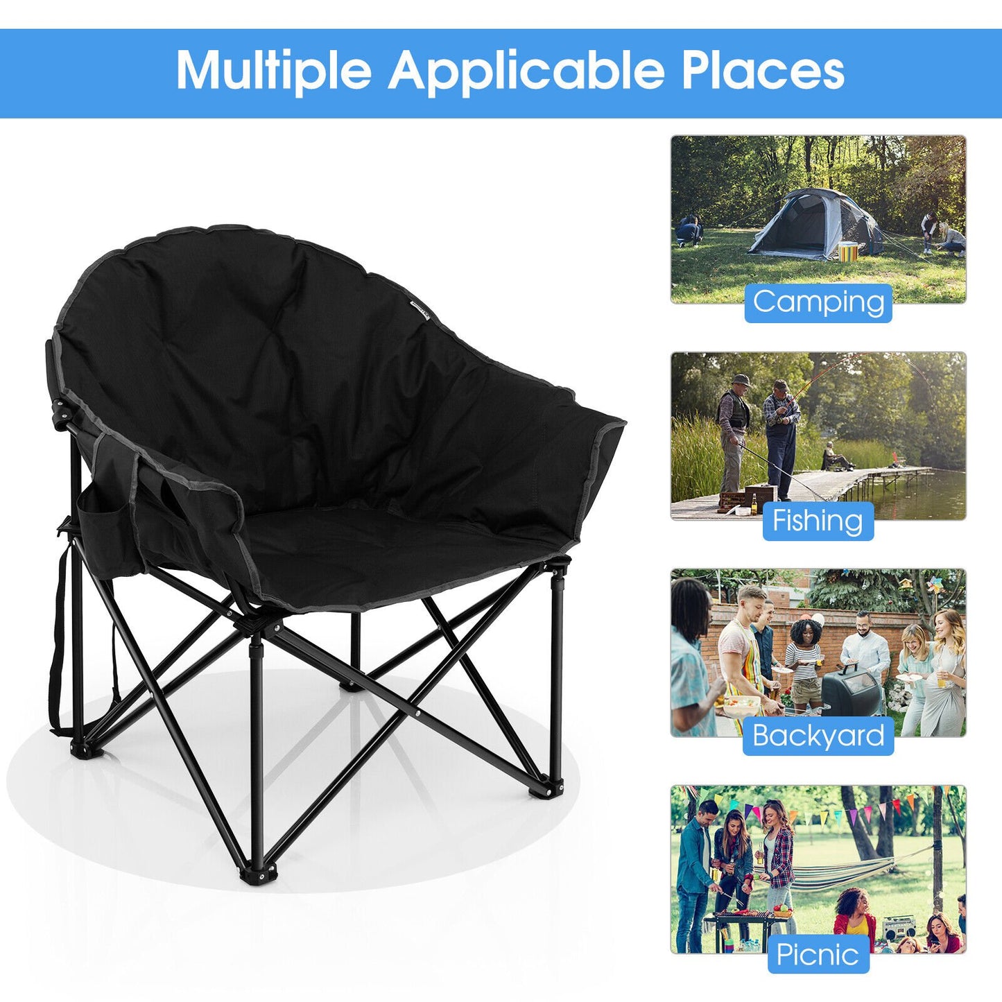 Folding Camping Moon Padded Chair with Carrying Bag, Black Camping Furniture   at Gallery Canada