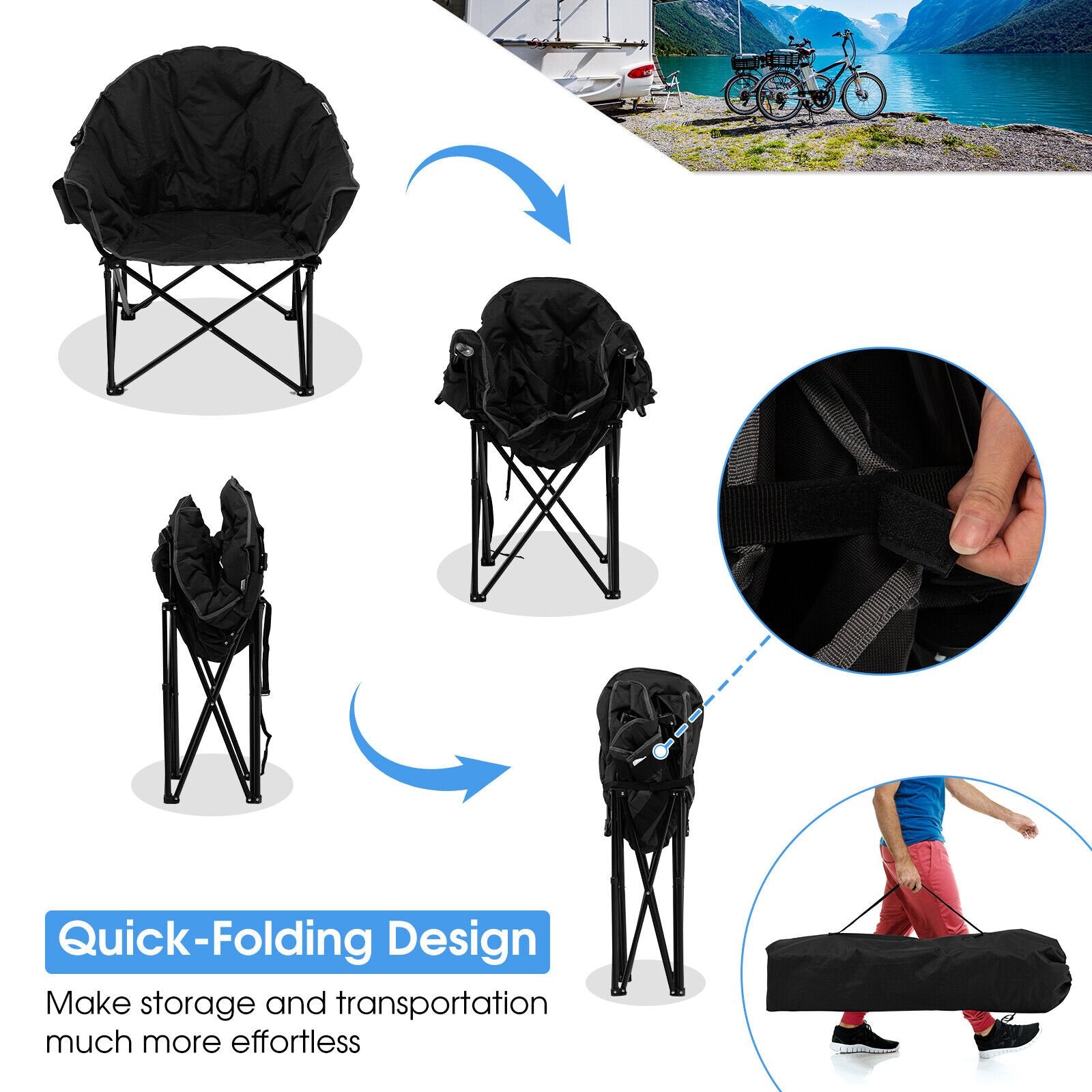 Folding Camping Moon Padded Chair with Carrying Bag, Black Camping Furniture   at Gallery Canada