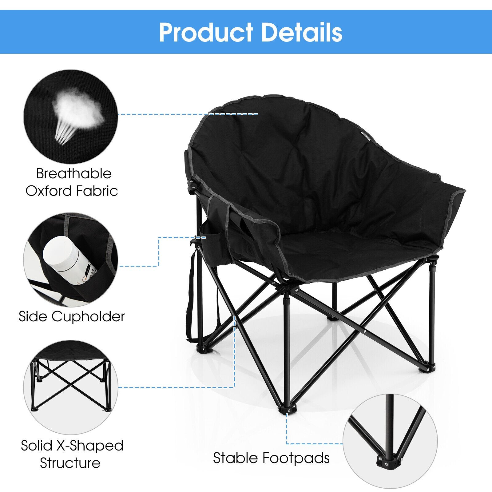 Folding Camping Moon Padded Chair with Carrying Bag, Black Camping Furniture   at Gallery Canada