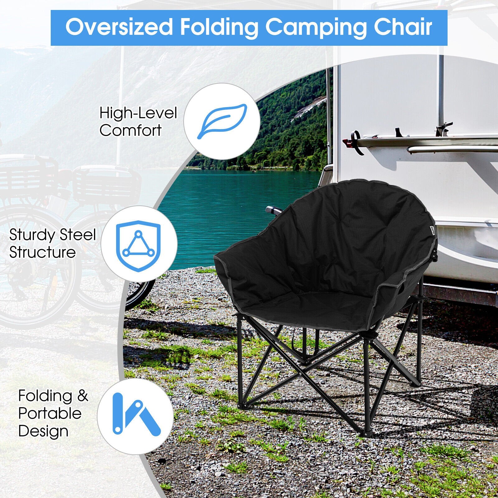 Folding Camping Moon Padded Chair with Carrying Bag, Black Camping Furniture   at Gallery Canada