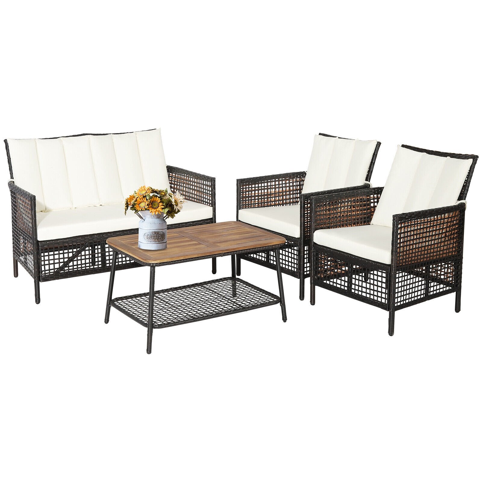 4 Pieces Patio Rattan Furniture Set with 2-Tier Coffee Table, White Patio Conversation Sets   at Gallery Canada